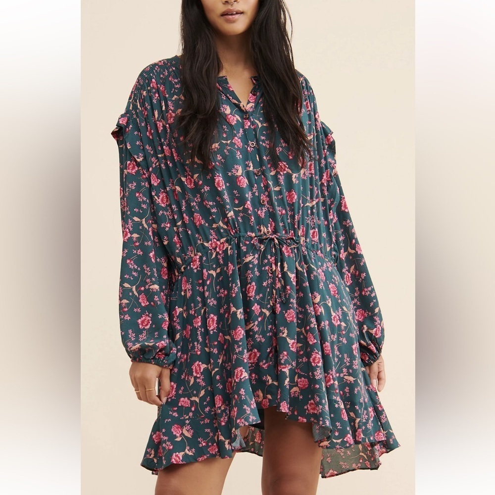 NWT Free People Flower Fields Oversized Mini Dress Size S/M Emerald Green